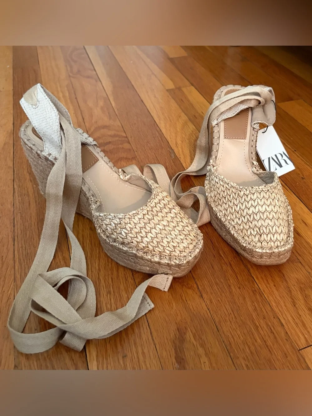 Zara Natural Woven Espadrille Platform Wedges with Ankle Tie